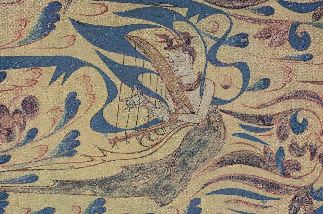 Chinese Celestial Harp Musician China Cave Mural Painting Postcard