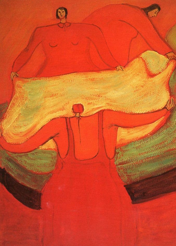 Chris Ann Kent Superstitions Three People Making A Bed Painting Postcard