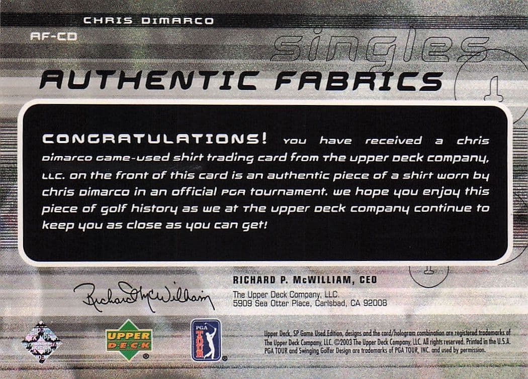 Chris DiMarco Authentic Fabrics Singles 2003 Golf Upper Deck Worn Shirt Card