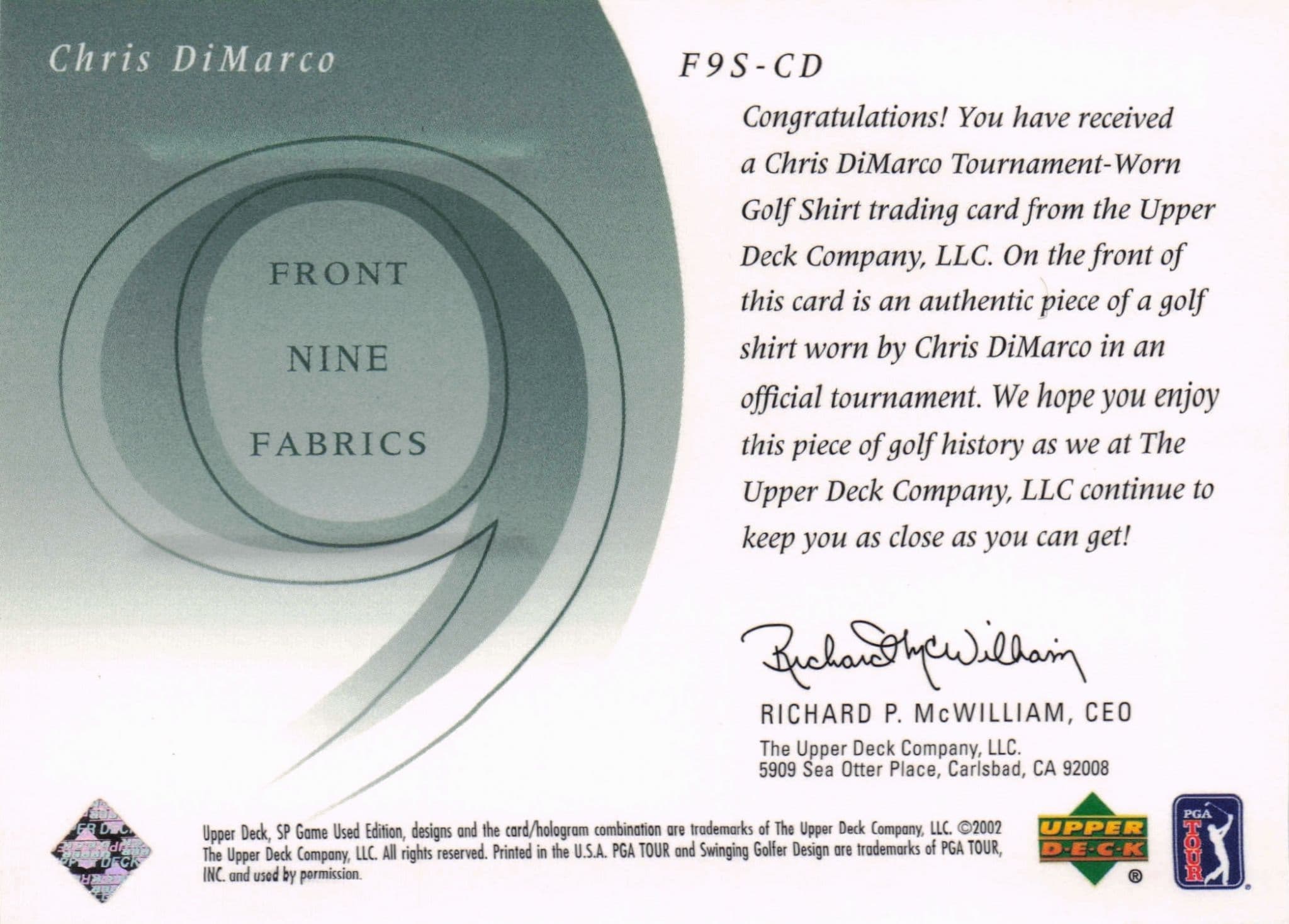 Chris DiMarco Front 9 Fabric 2002 Upper Deck Authentic Shirt Card