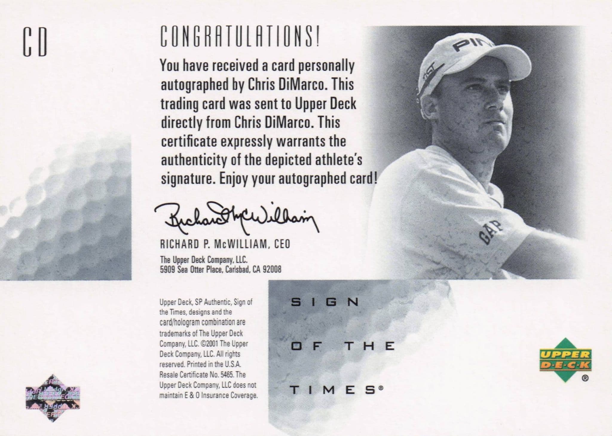 Chris DiMarco Sign Of The Times Hand Signed 2001 SP Golf Autograph Card