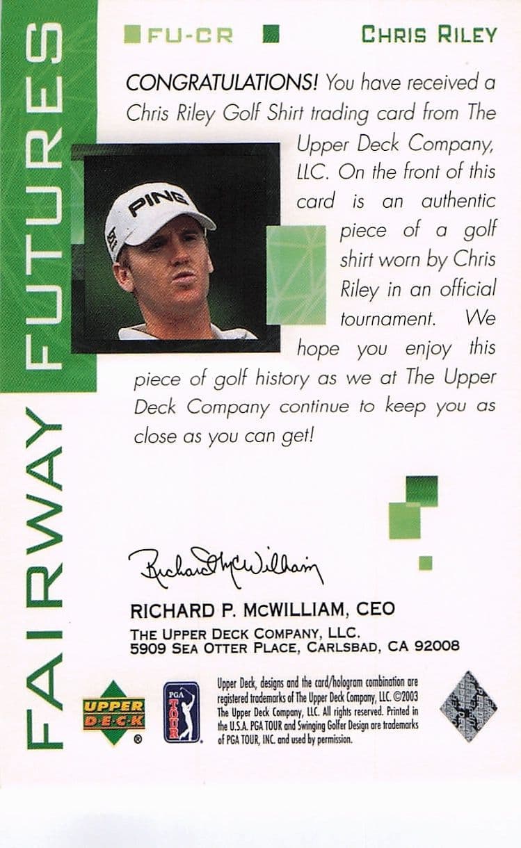 Chris Riley Fairway Futures Fabric 2003 Real Golf Shirt Trade Card
