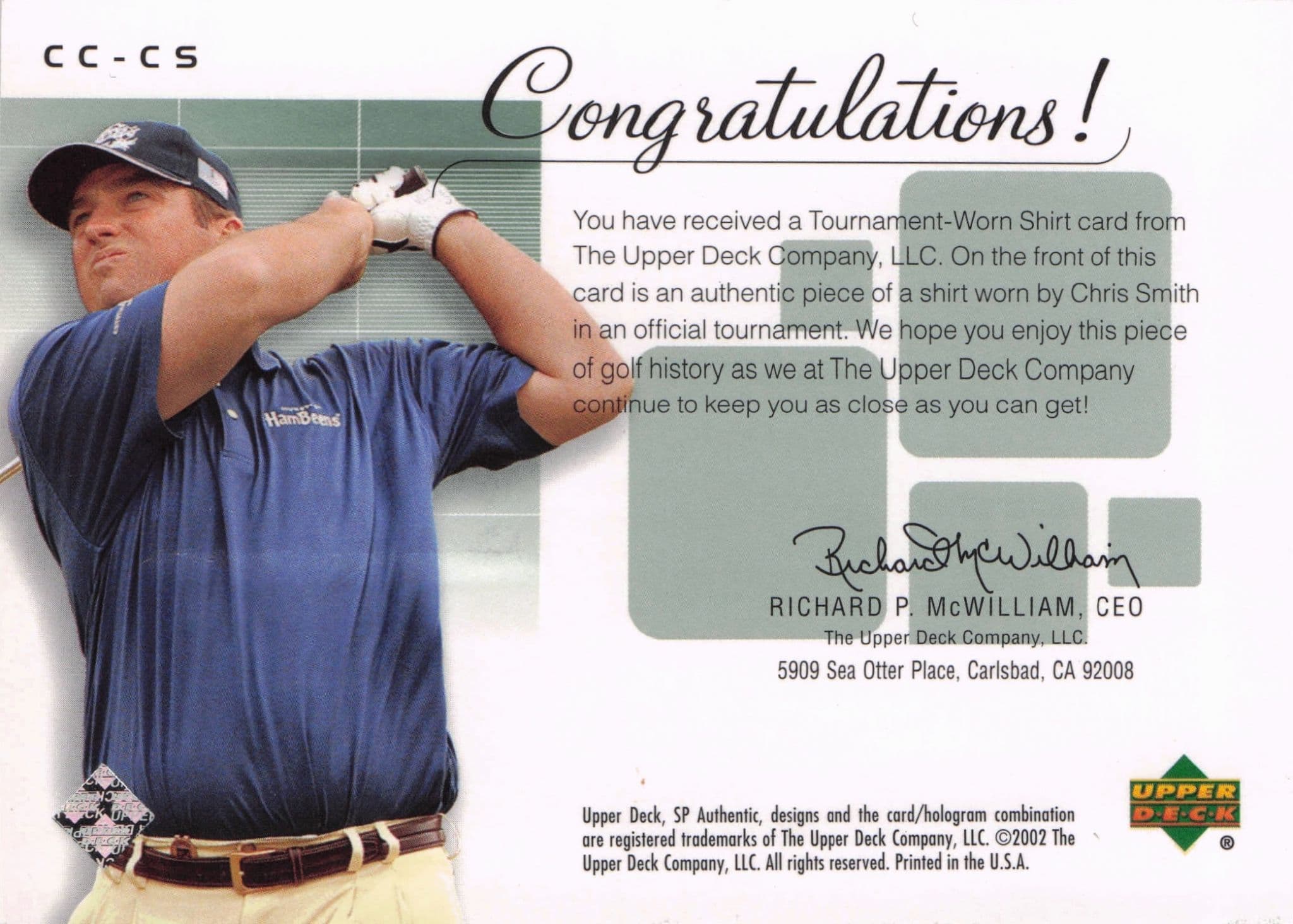 Chris Smith Course Classics Upper Deck 2002 Real Relic Golf Shirt Card