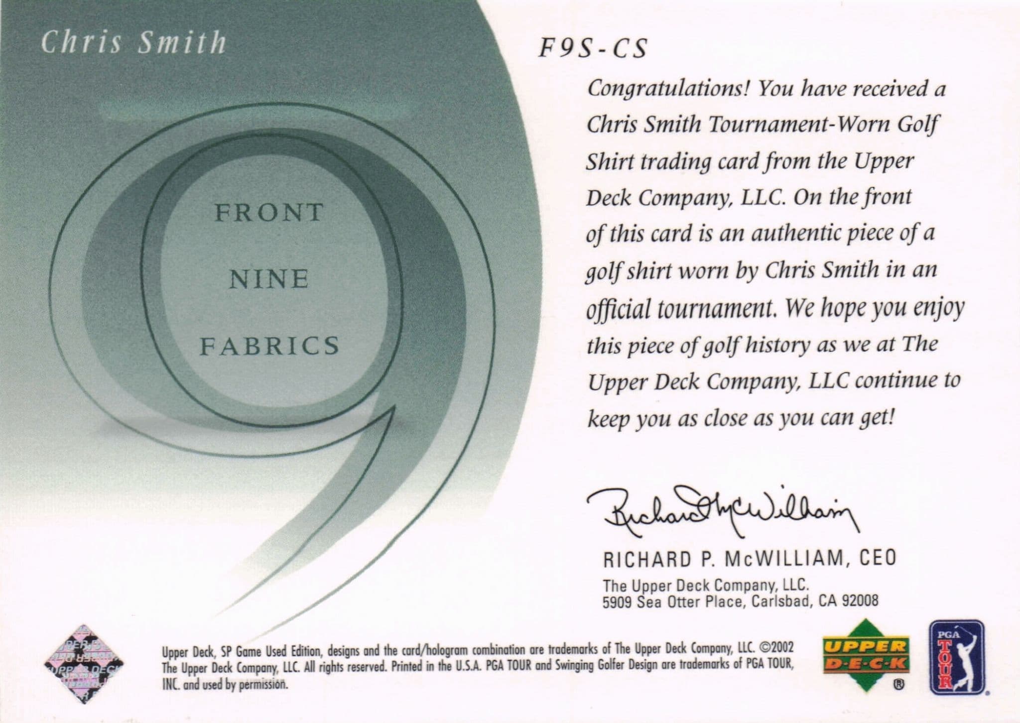 Chris Smith Front 9 Fabric 2002 Upper Deck Authentic Shirt Card