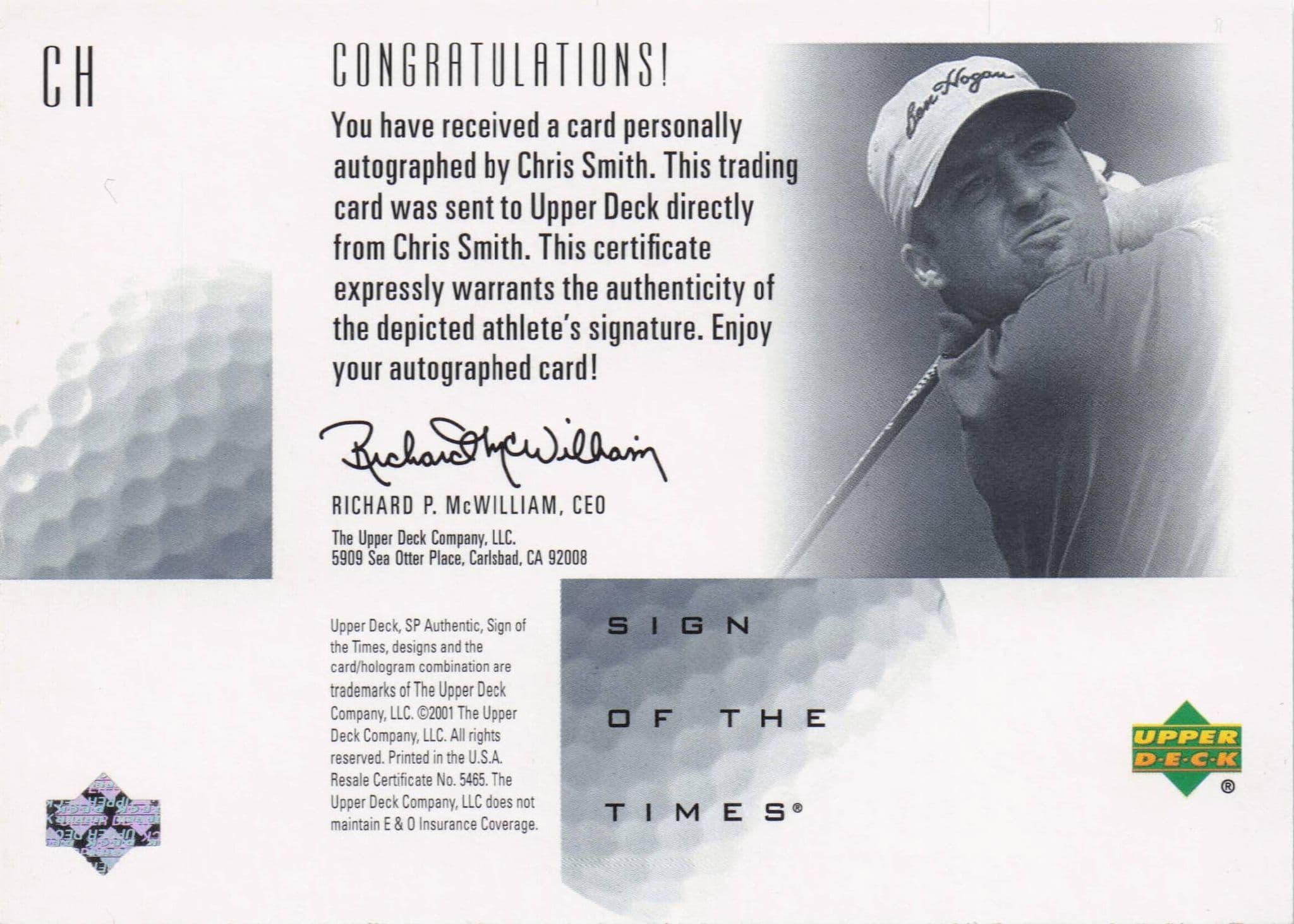 Chris Smith Sign Of The Times Hand Signed 2001 SP Golf Autograph Card