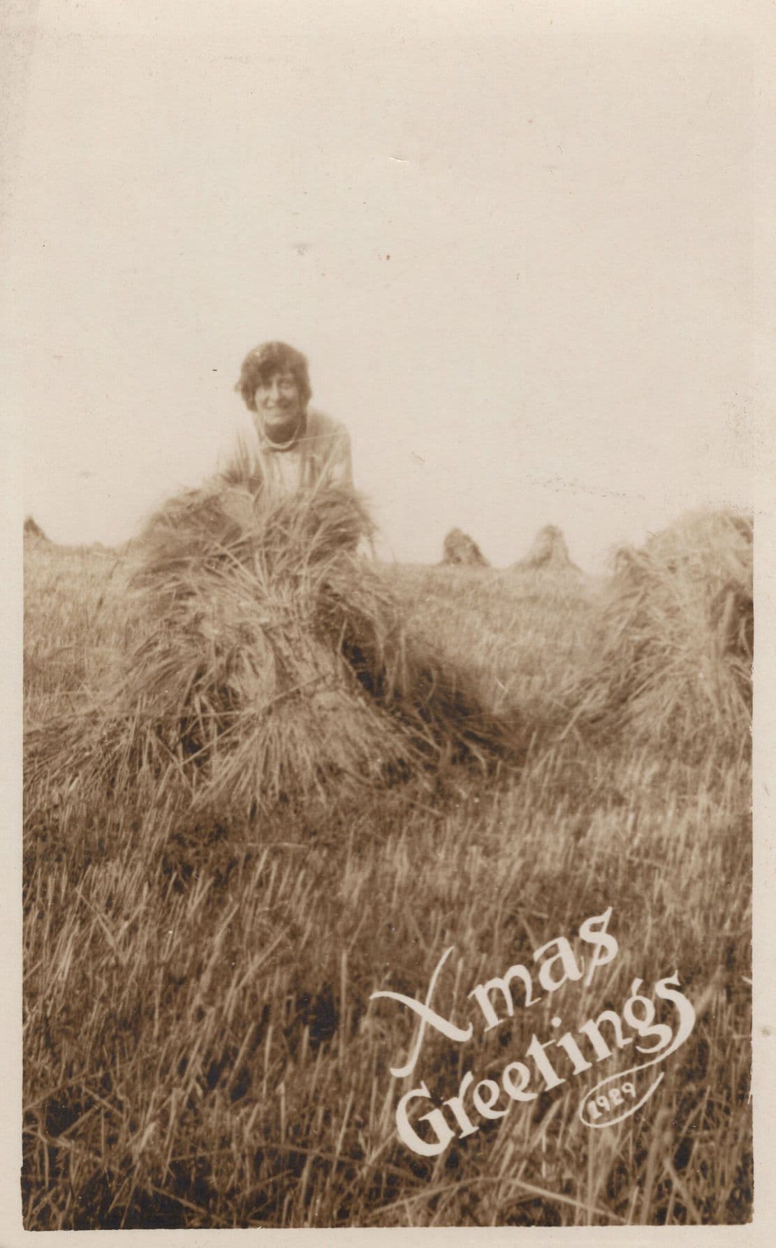 Christmas Greetings Farming Lady Farmer Gathering Hay RPC Postcard