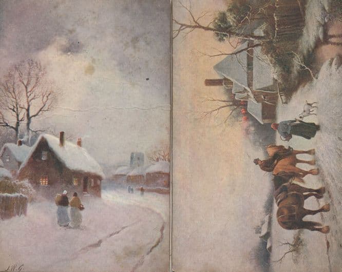 Christmas Snow Cottage 2x Old Panel Wood Painting Postcard s