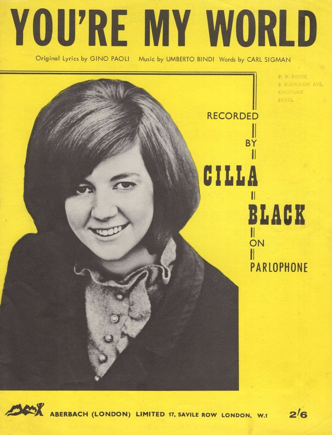 Cilla Black You're My World EX Sheet Music