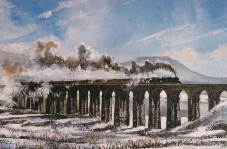 Class 5 Train at Ribblehead Viaduct in Winter Railway Painting Postcard