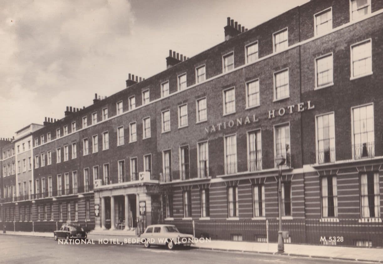Classic Cars Parked at National Hotel Bedford 1960s RPC Postcard