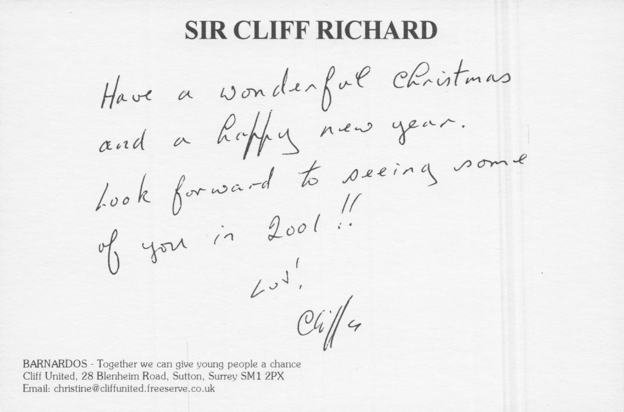 Cliff Richard Bernardos Hand Signed 2000 Christmas Postcard