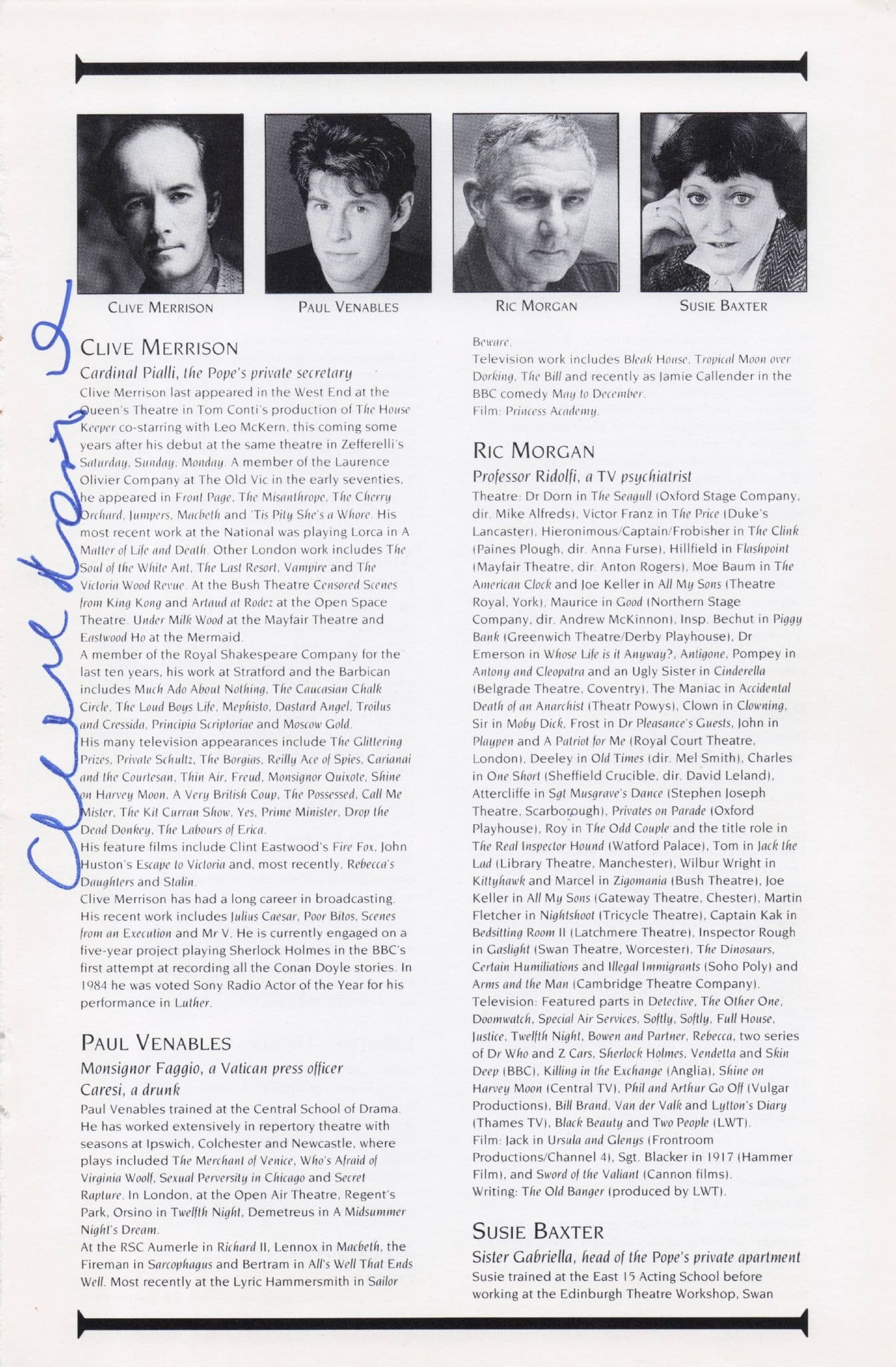 Clive Merrison of BBC Sherlock Holmes Hand Signed Theatre Page