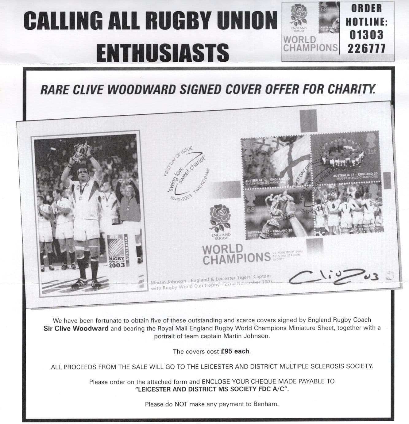 Clive Woodward England World Champions Rugby LIMITED TO ONLY 5 Hand Signed FDC