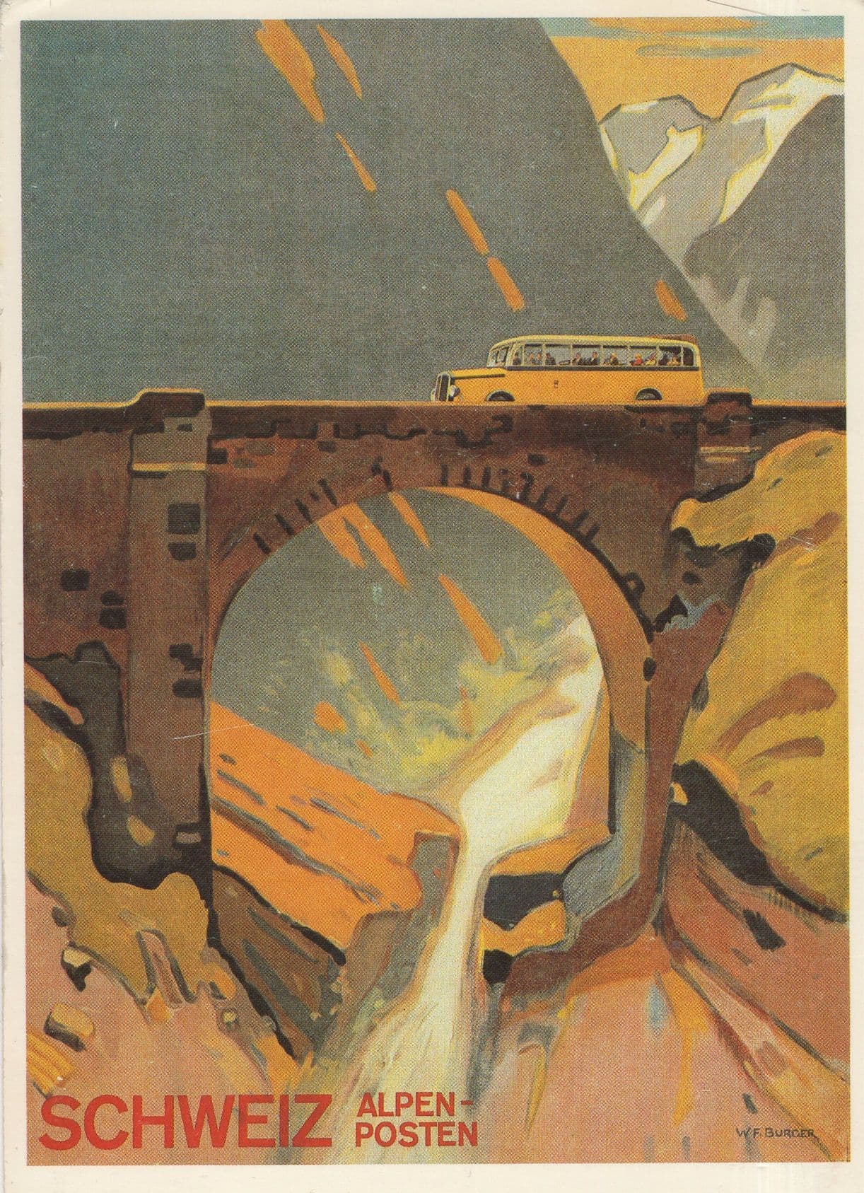 Coach Bus On Schweiz Alpen Alps Bridge Swiss Travel Poster Postcard