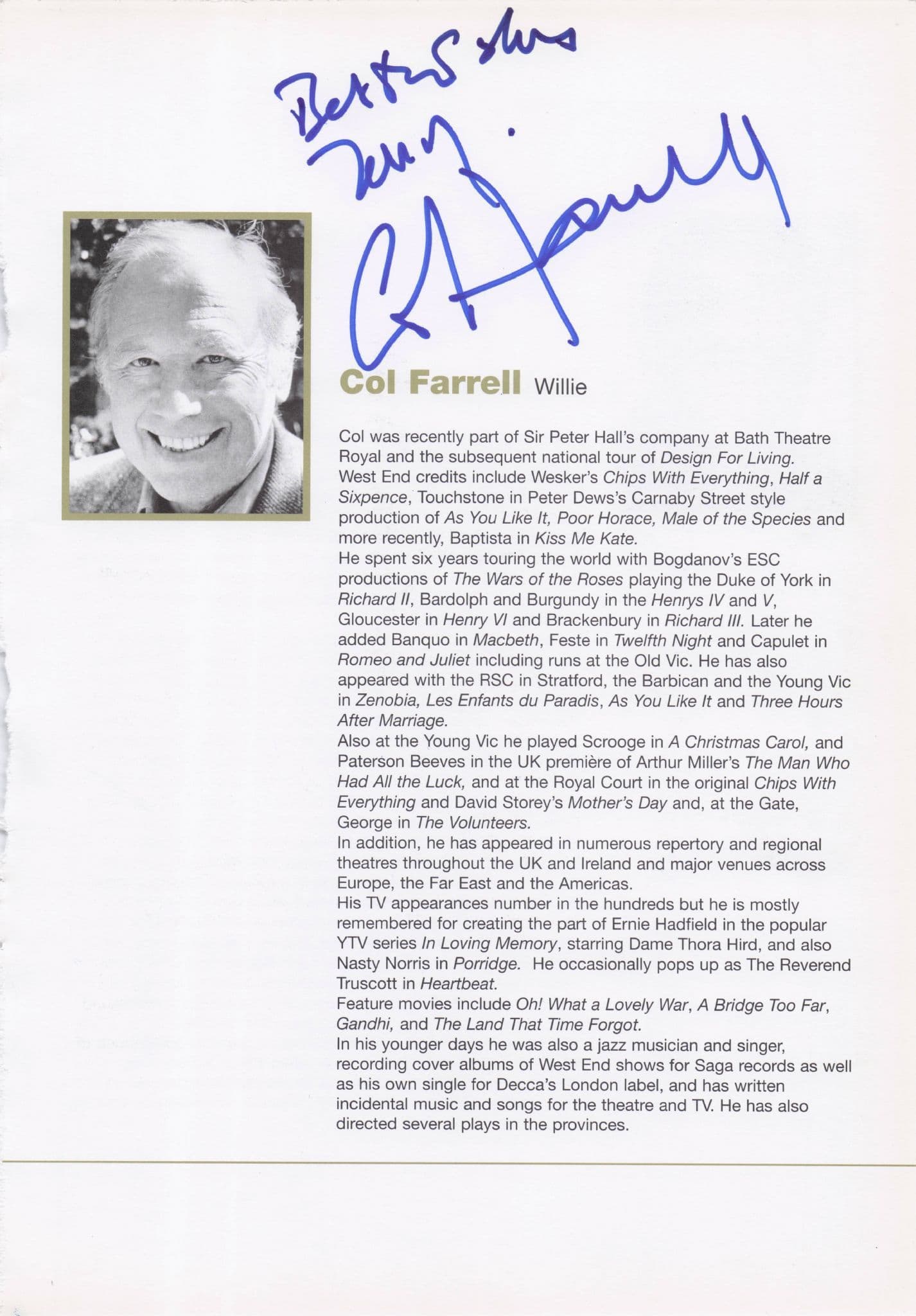Col Farrell Of A Bridge Too Far Gandhi Hand Signed Theatre Page