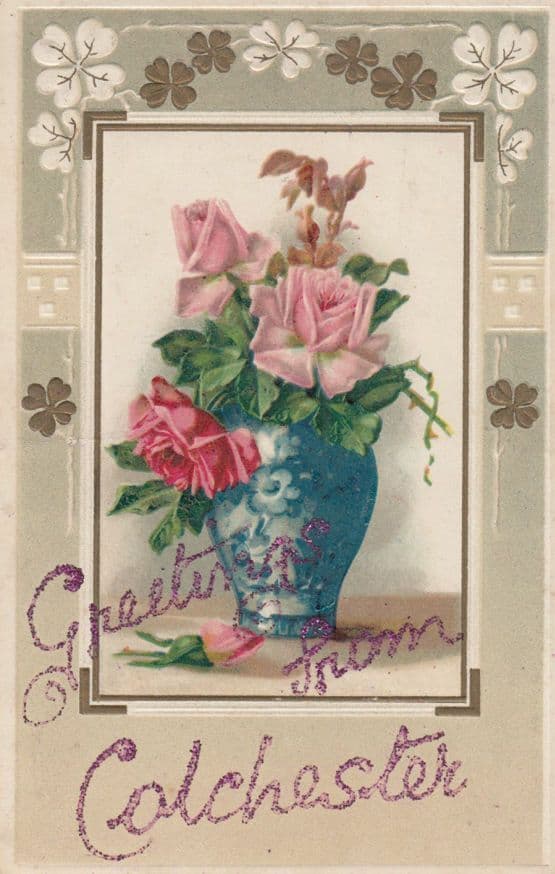 Colchester Greetings Amtique Silk Style REAL GLITTER Old Essex Postcard