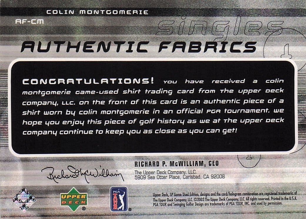 Colin Montgomerie Authentic Fabrics Singles Golf Upper Deck Worn Shirt Card