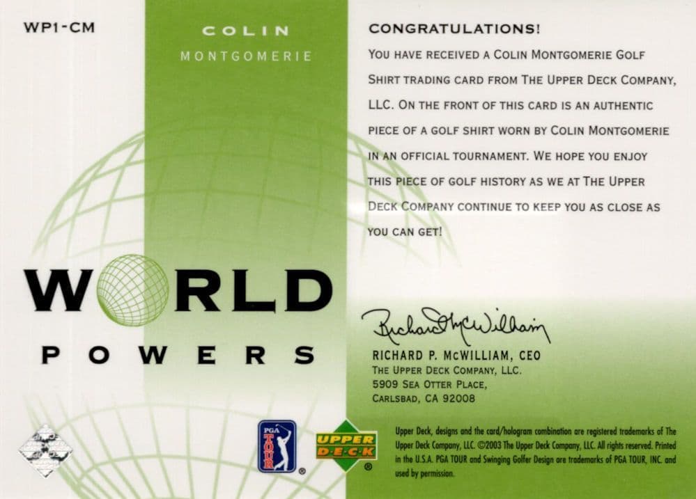 Colin Montgomerie Authentic World Powers Golf Upper Deck Shirt Card