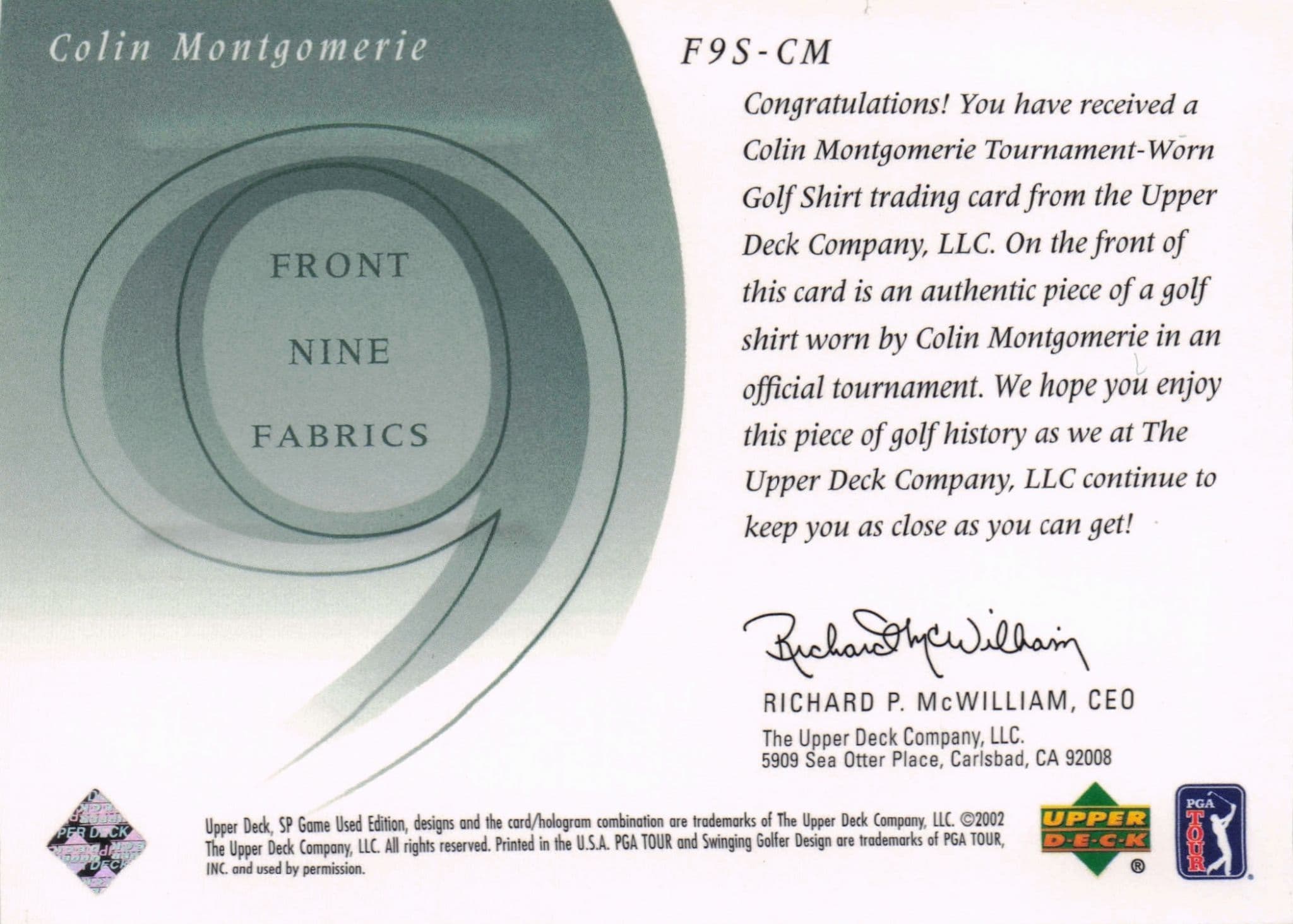 Colin Montgomerie Front 9 Fabric 2002 Upper Deck Authentic Shirt Card