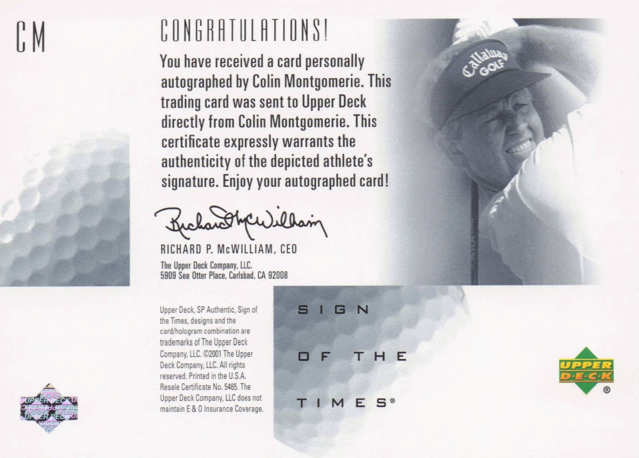Colin Montgomerie Sign Of The Times Hand Signed 2001 SP Golf Autograph Card