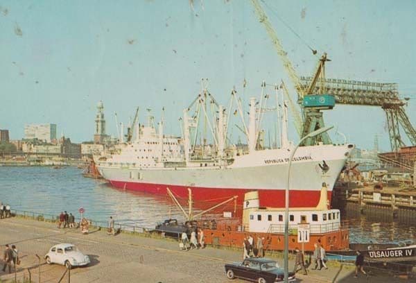 Columbia Ship At Hamburg Port Docks With Crane Olsuager 4 Raft Vintage Postcard