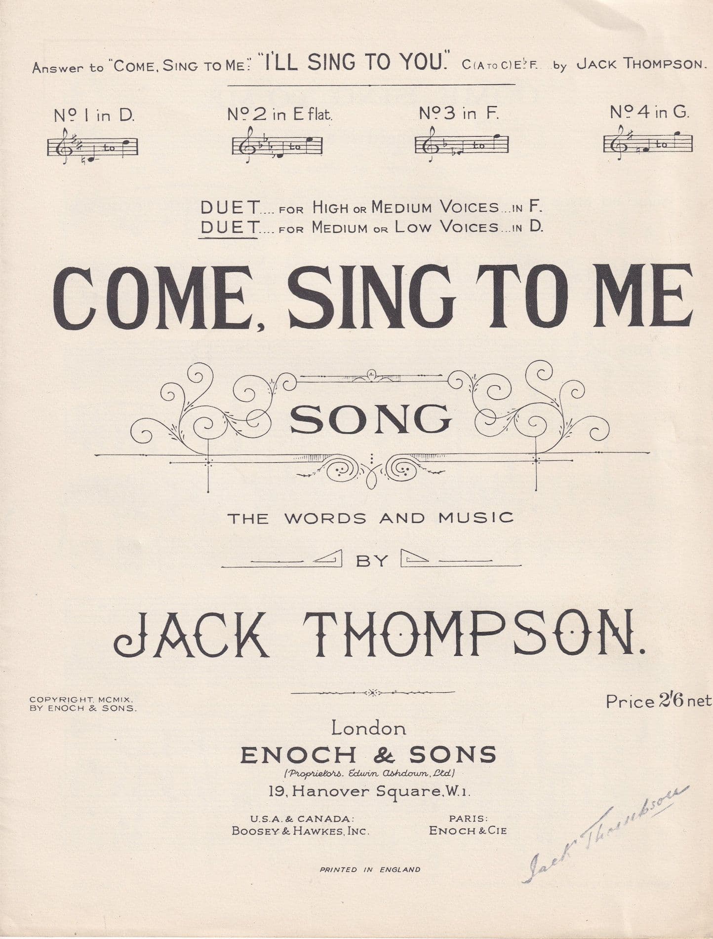 Come Sing To Me Jack Thompson 1950s Sheet Music
