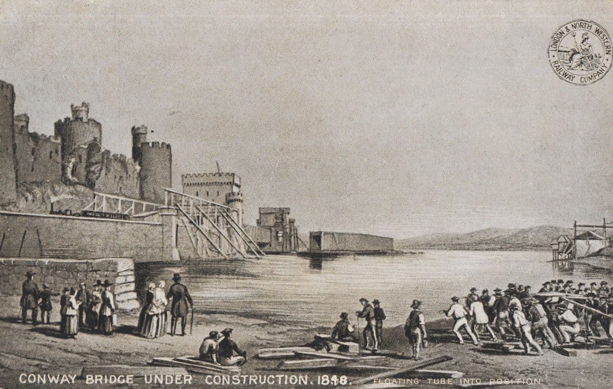 Conway Bridge Under Construction Railway Old Welsh Postcard
