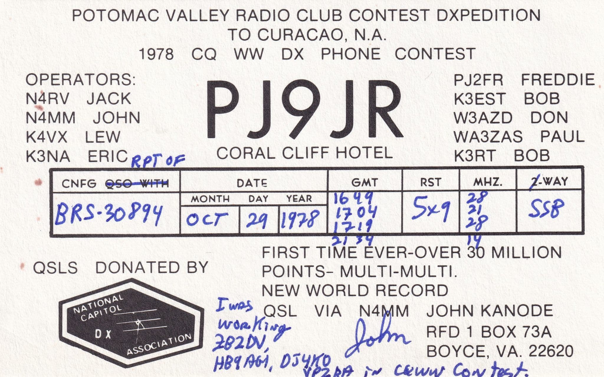 Coral Cliff Hotel Netherlands Antilles South America Phone Contest QSL Radio Card