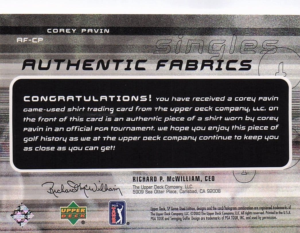Corey Pavin Authentic Fabrics Singles 2003 Golf Upper Deck Worn Shirt Card