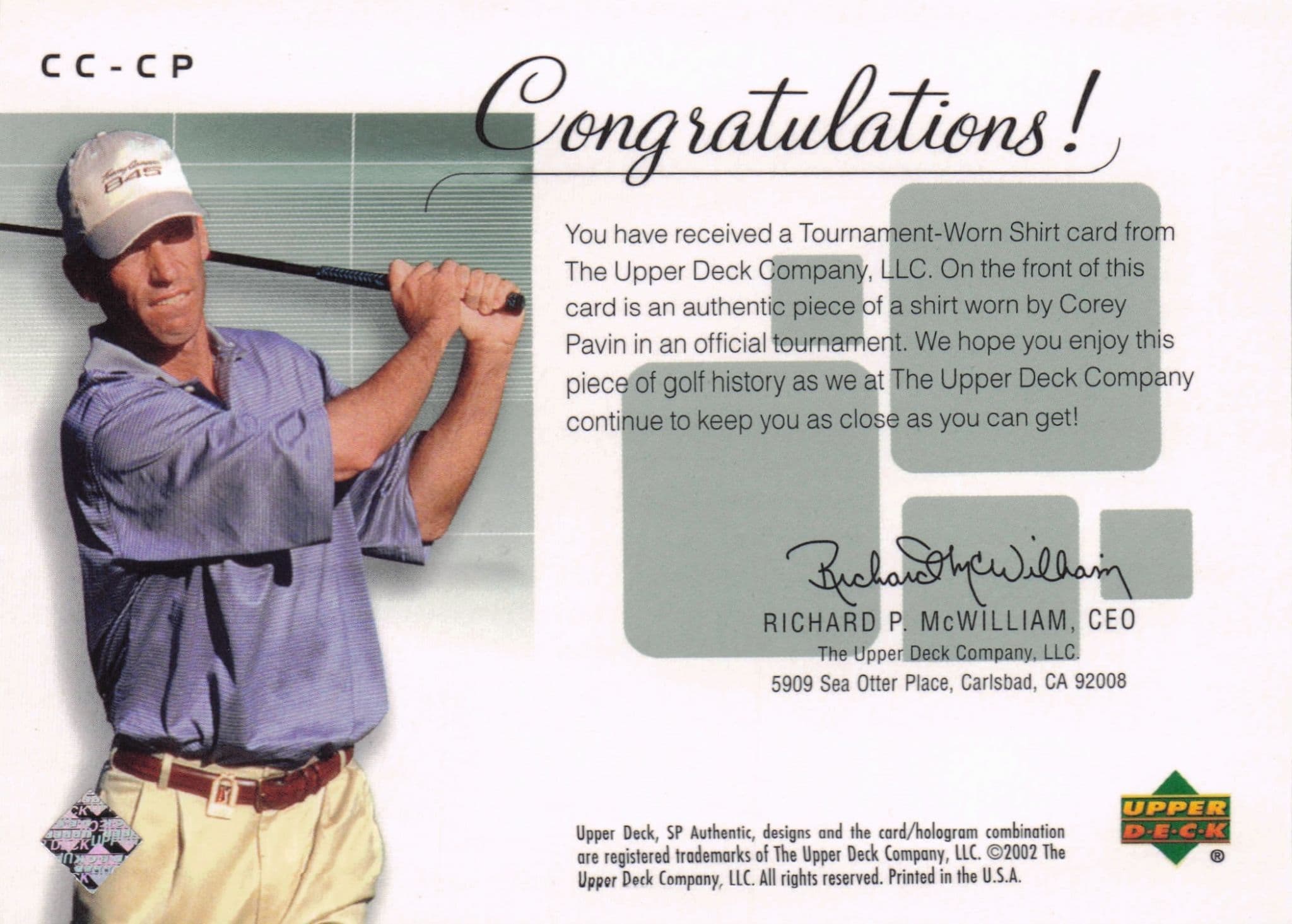 Corey Pavin Course Classics Upper Deck 2002 Real Relic Golf Shirt Card
