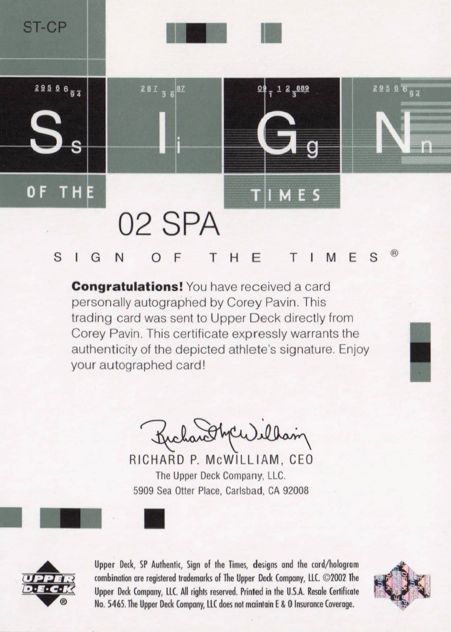Corey Pavin Sign Of The Times Hand Signed 2002 SP Golf Autograph Card