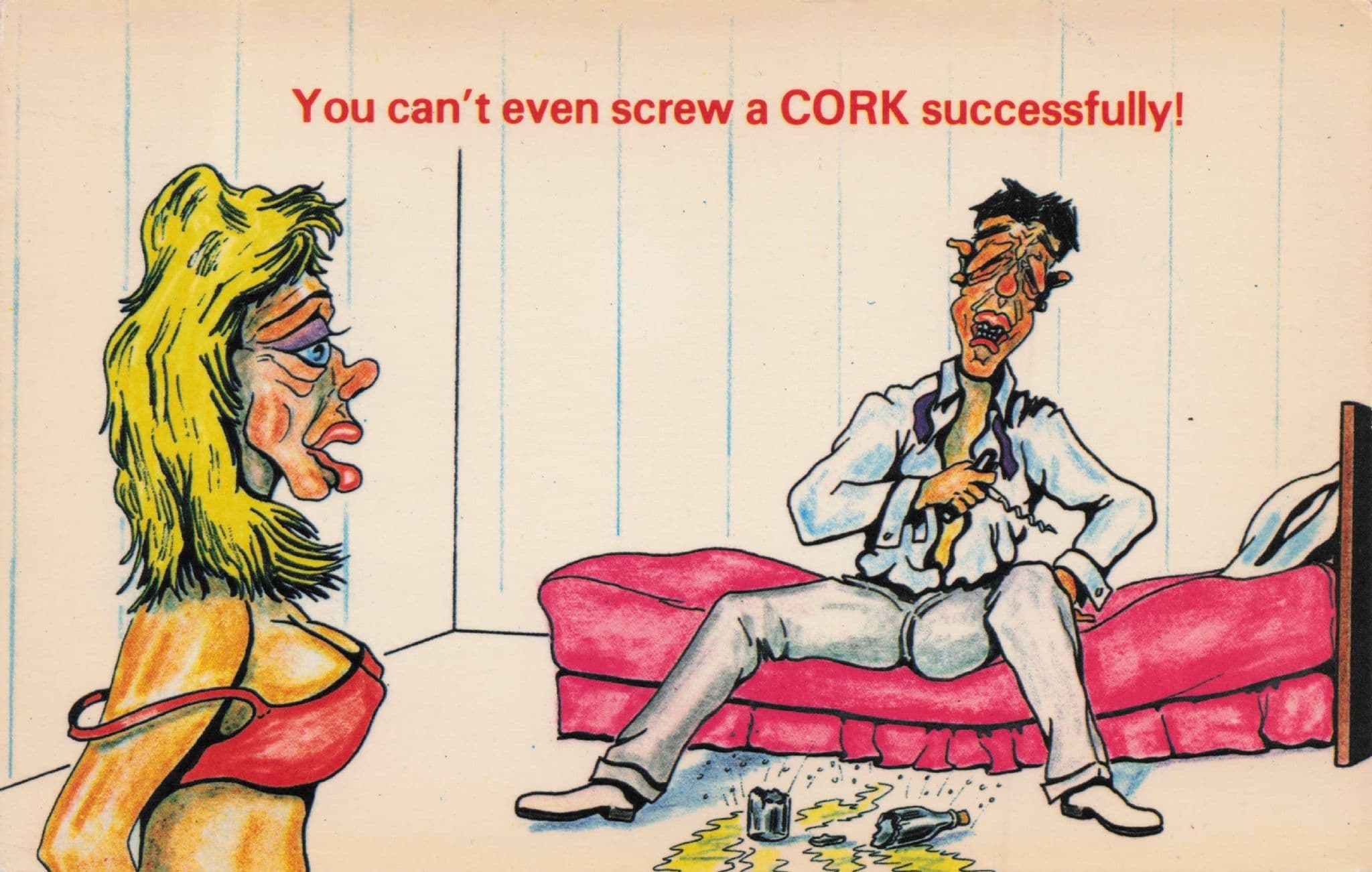 Corkscrew You Cant Screw A Cork Old Ugly Lady Vintage 1970s Comic Postcard