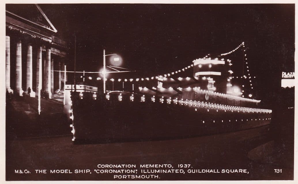 Coronation Memento The Model Ship Illuminated Portsmouth Postcard
