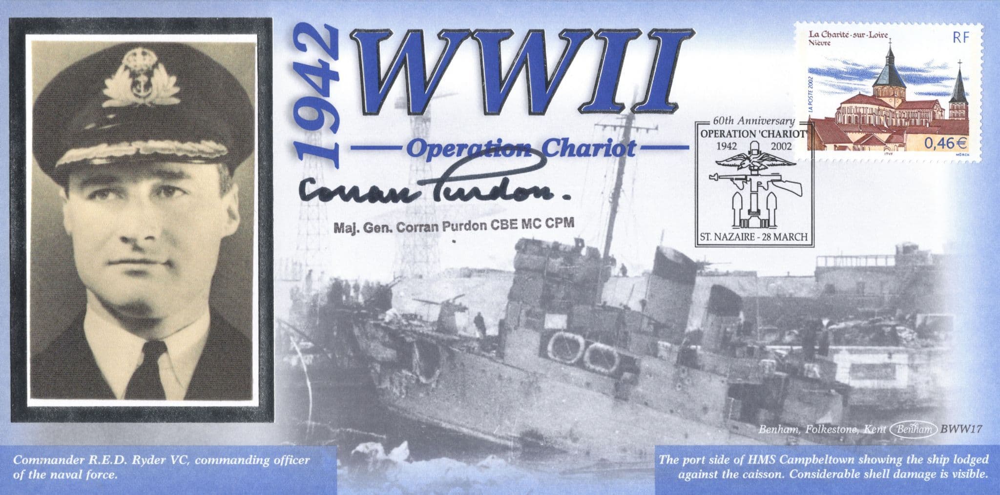 Corran Purdon HMS Campbeltown Operation Chariot WW2 Benham Hand Signed FDC