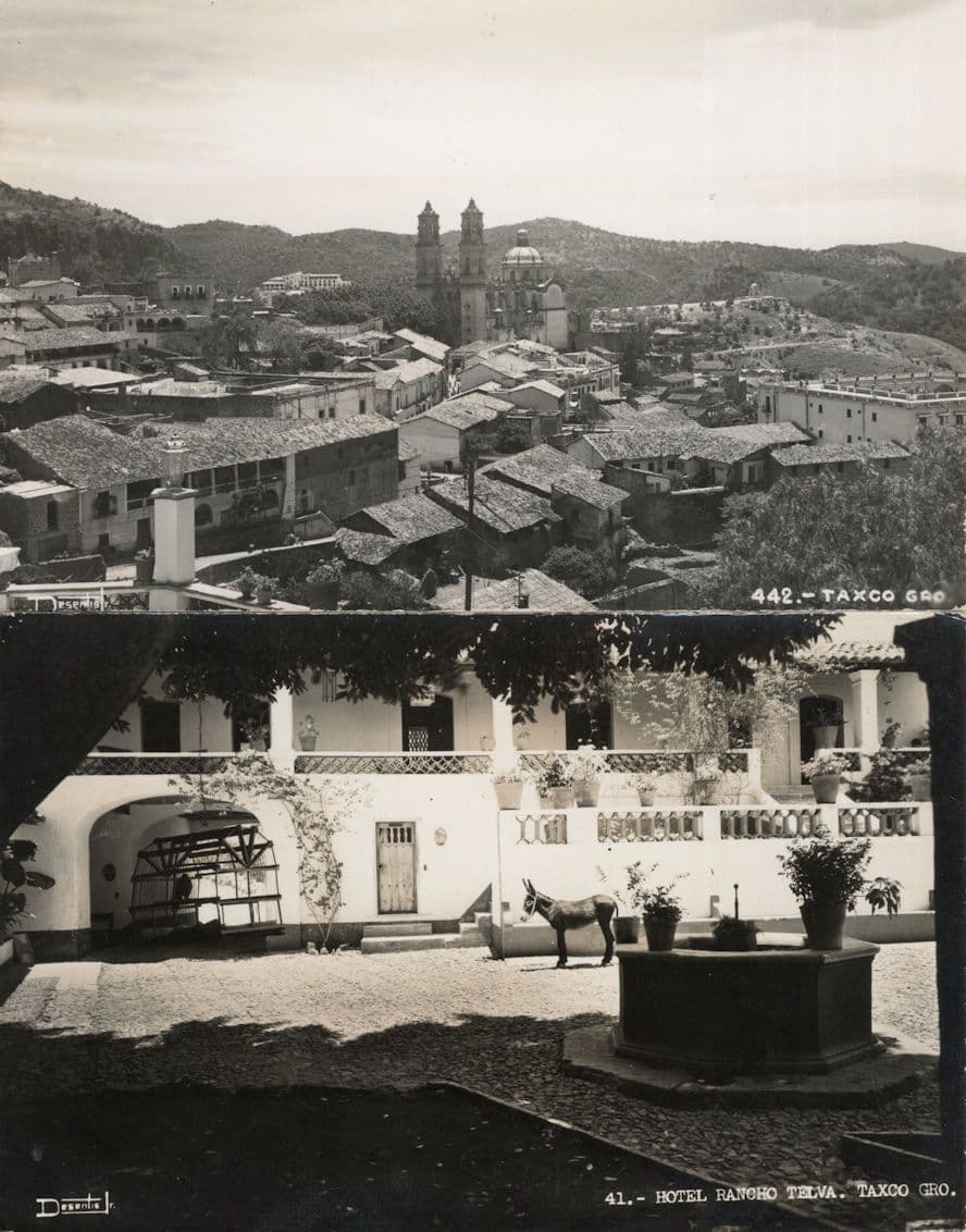 Courtyard Toy Donkey at Hotel Rancho Telva Taxco Mexico 2x Real Photo Postcard s