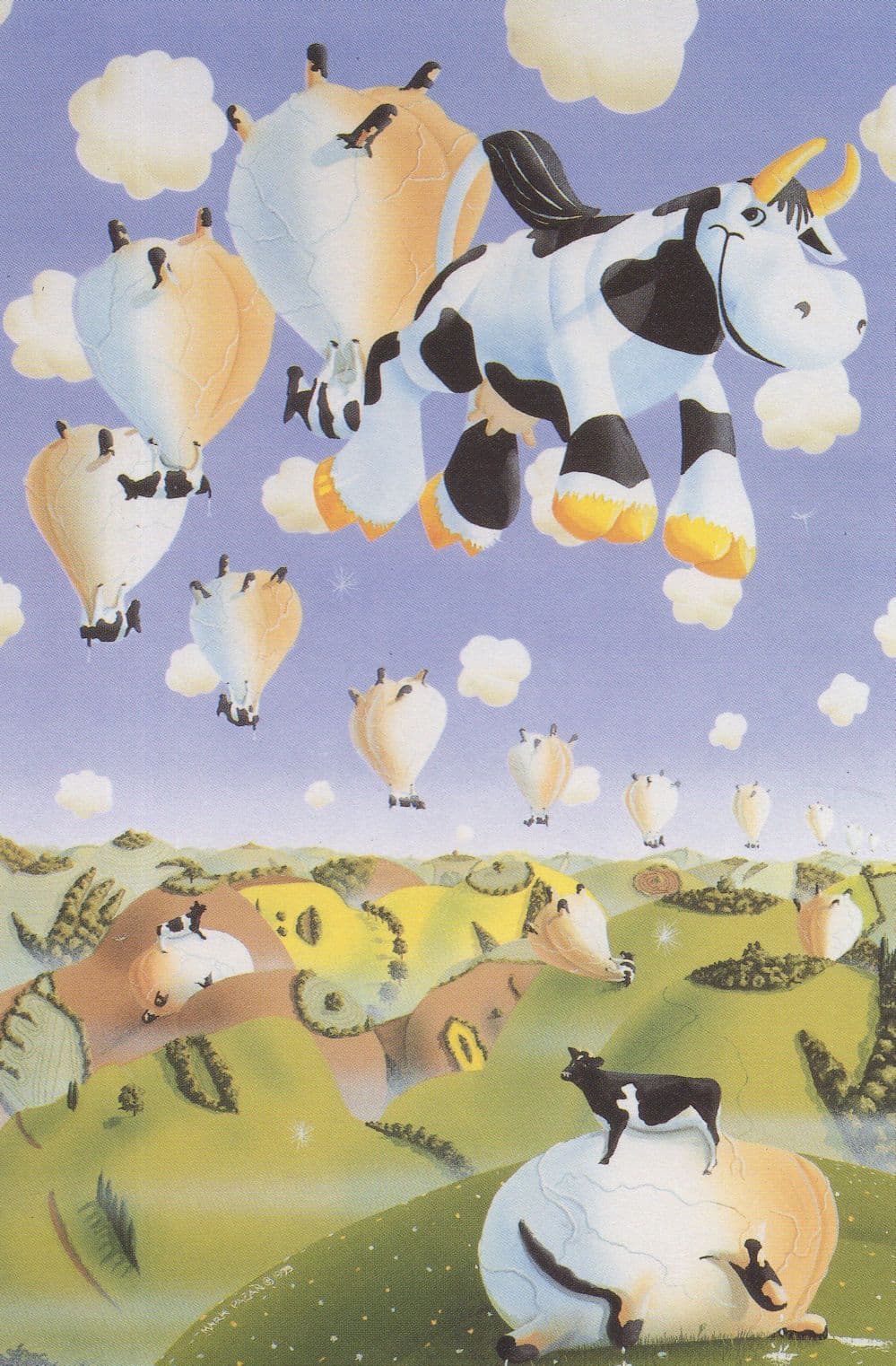 Cows Field Of Cow Farming Hot Air Balloon Painting Postcard