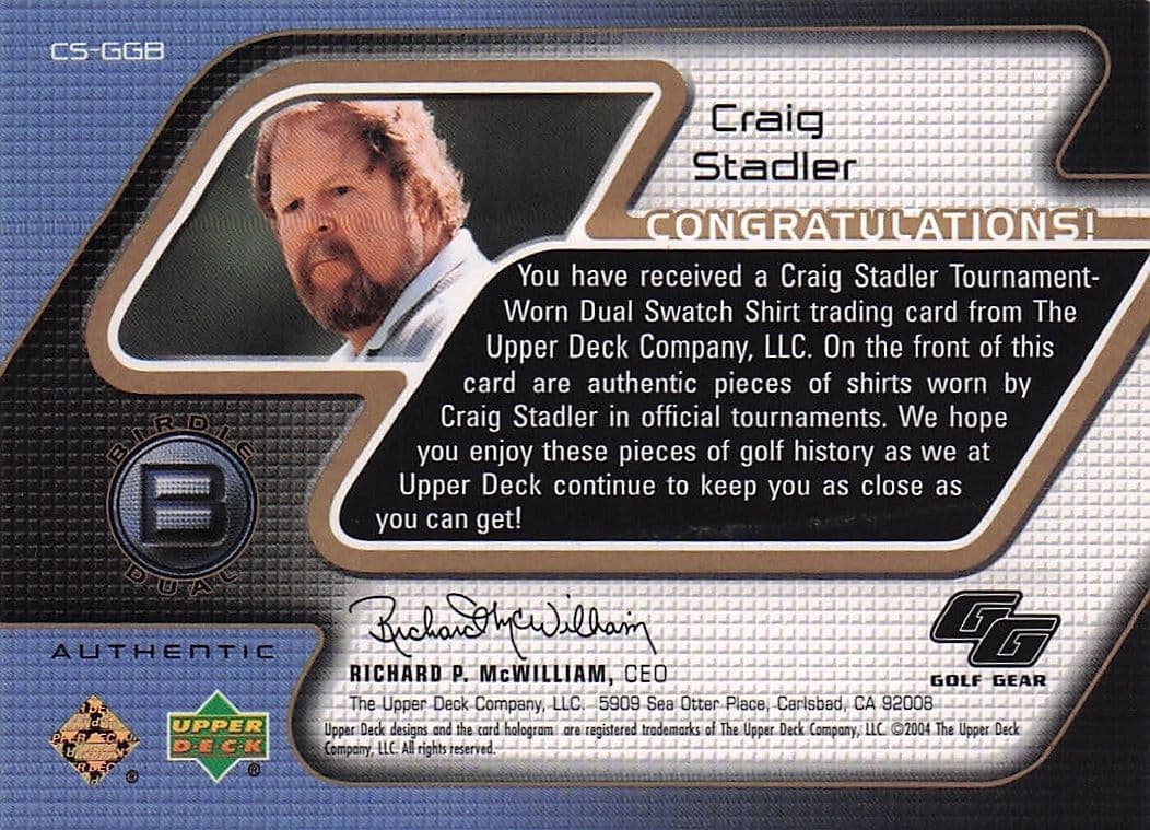 Craig Stadler Golf Gear 2004 Authentic Dual Real Shirt Swatch Upper Deck Card