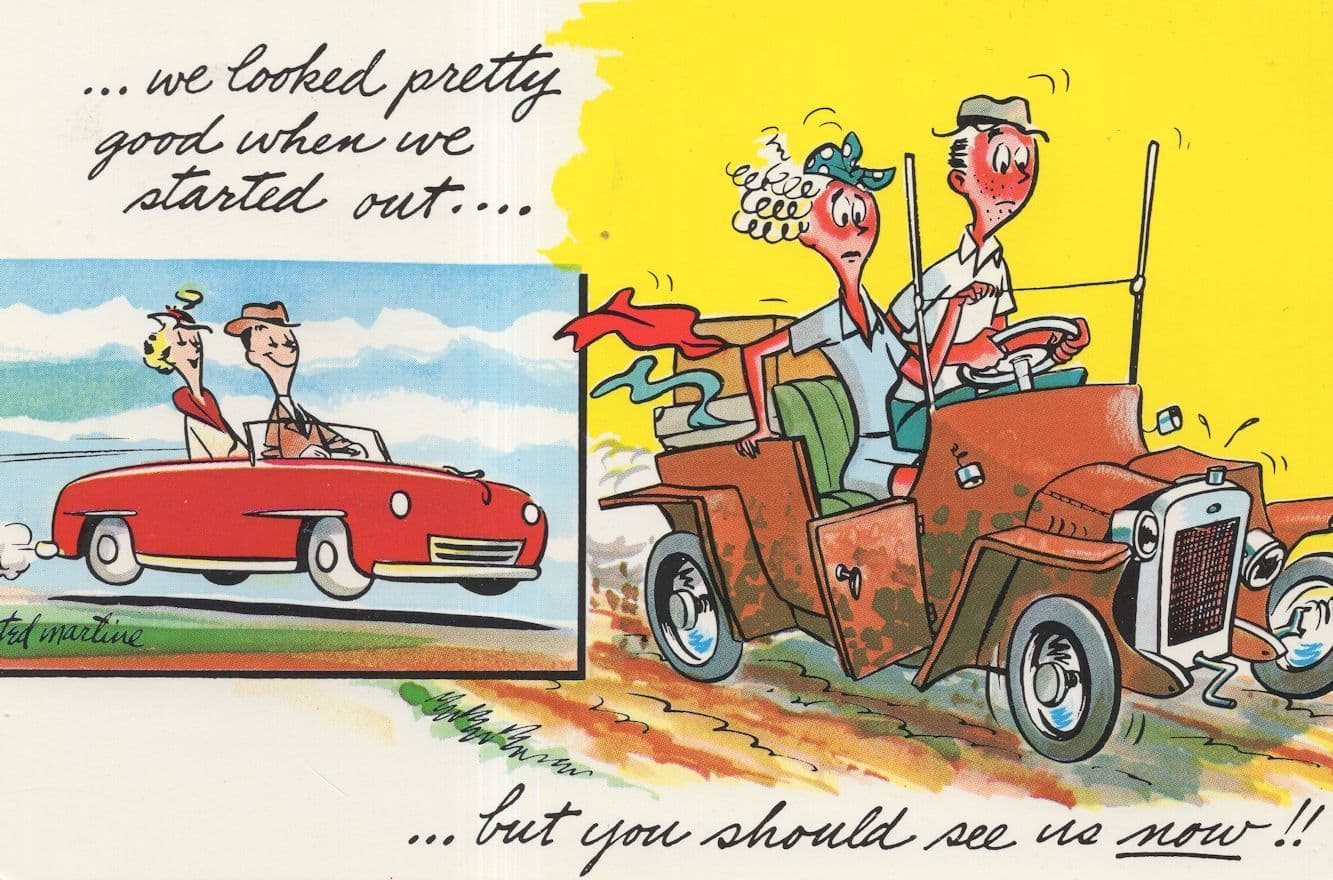 Crazy Motorists Clapped Out Classic Car Banger Comic Postcard