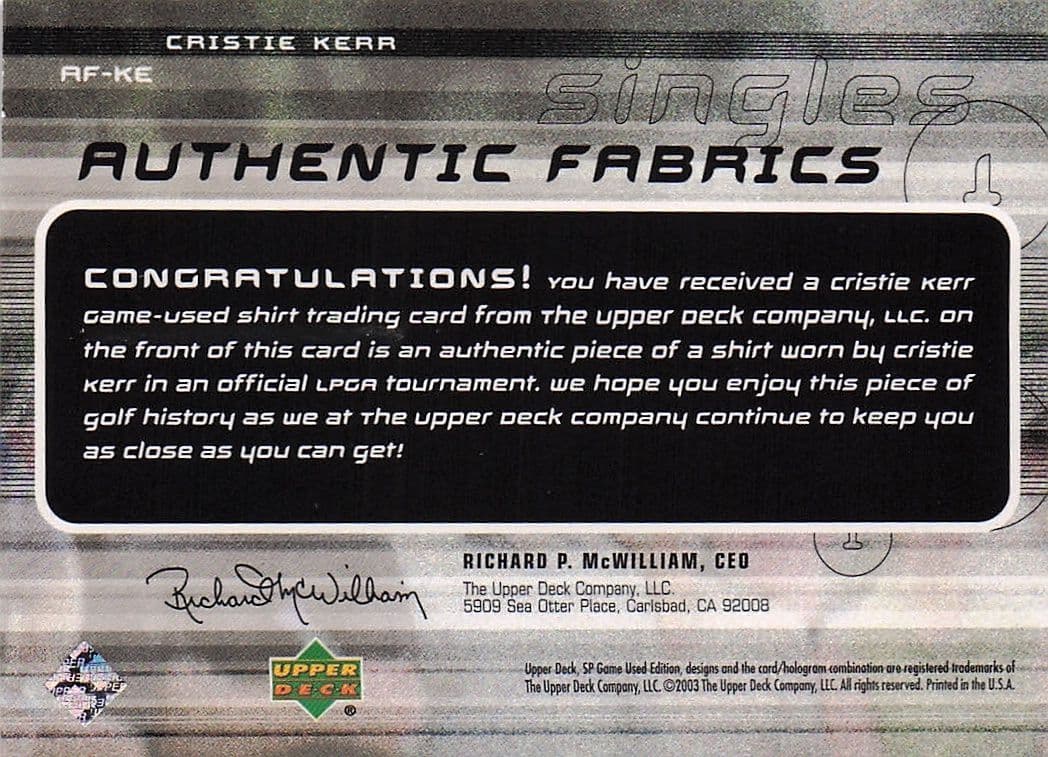 Cristie Kerr Authentic Fabrics Singles 2003 Golf Upper Deck Worn Shirt Card
