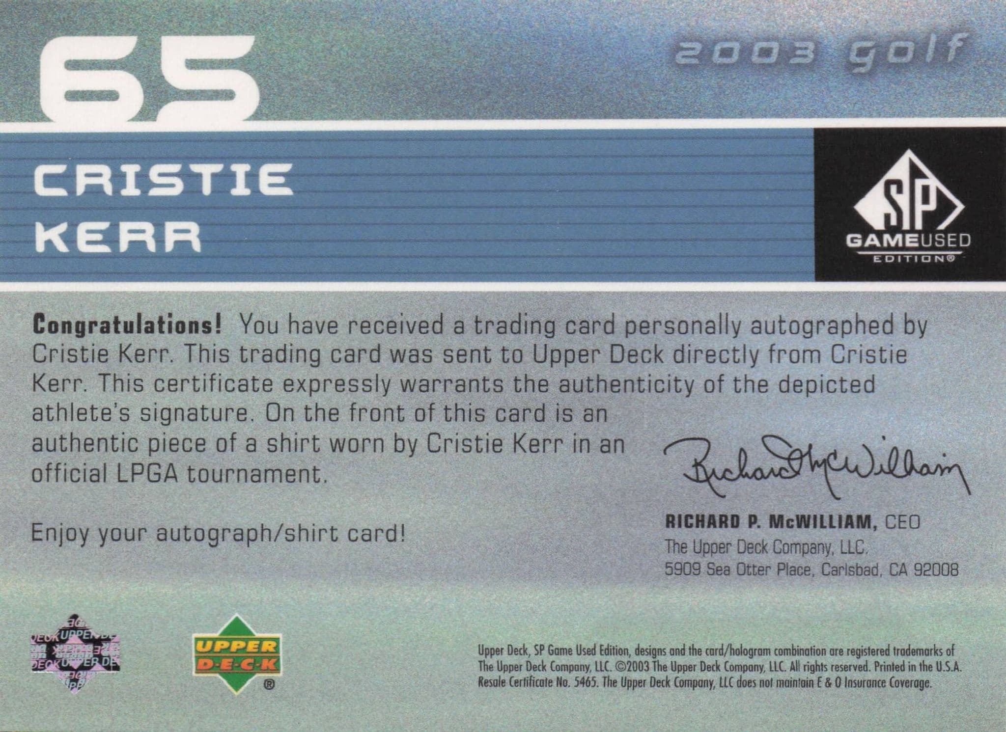 Cristie Kerr First Tee SP 2003 Golf Hand Signed Worn PGA Shirt Card