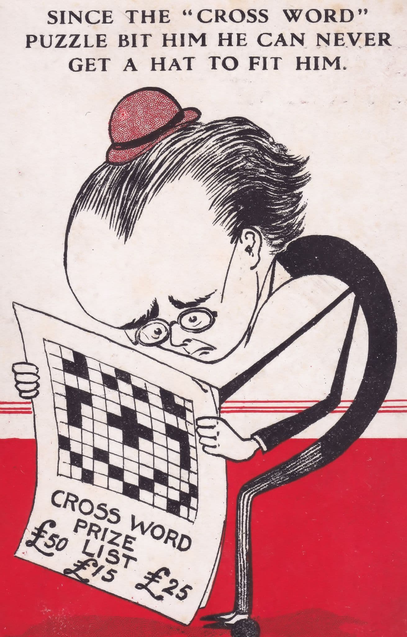 Crossword Puzzle Antique Comic Big Head Hat Humour Postcard