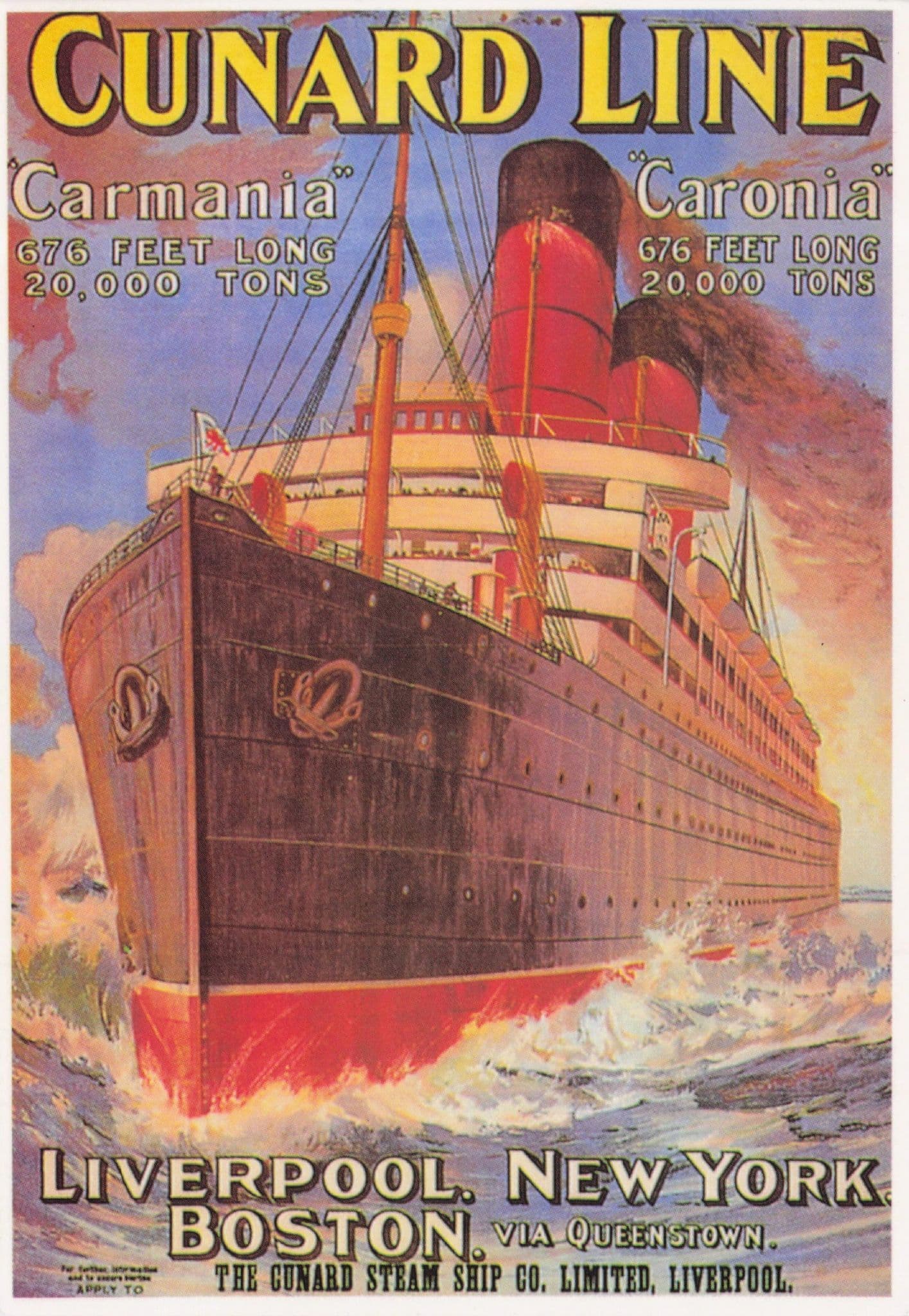 Cunard Line Liverpool New York Carmania Ship Travel Poster Postcard