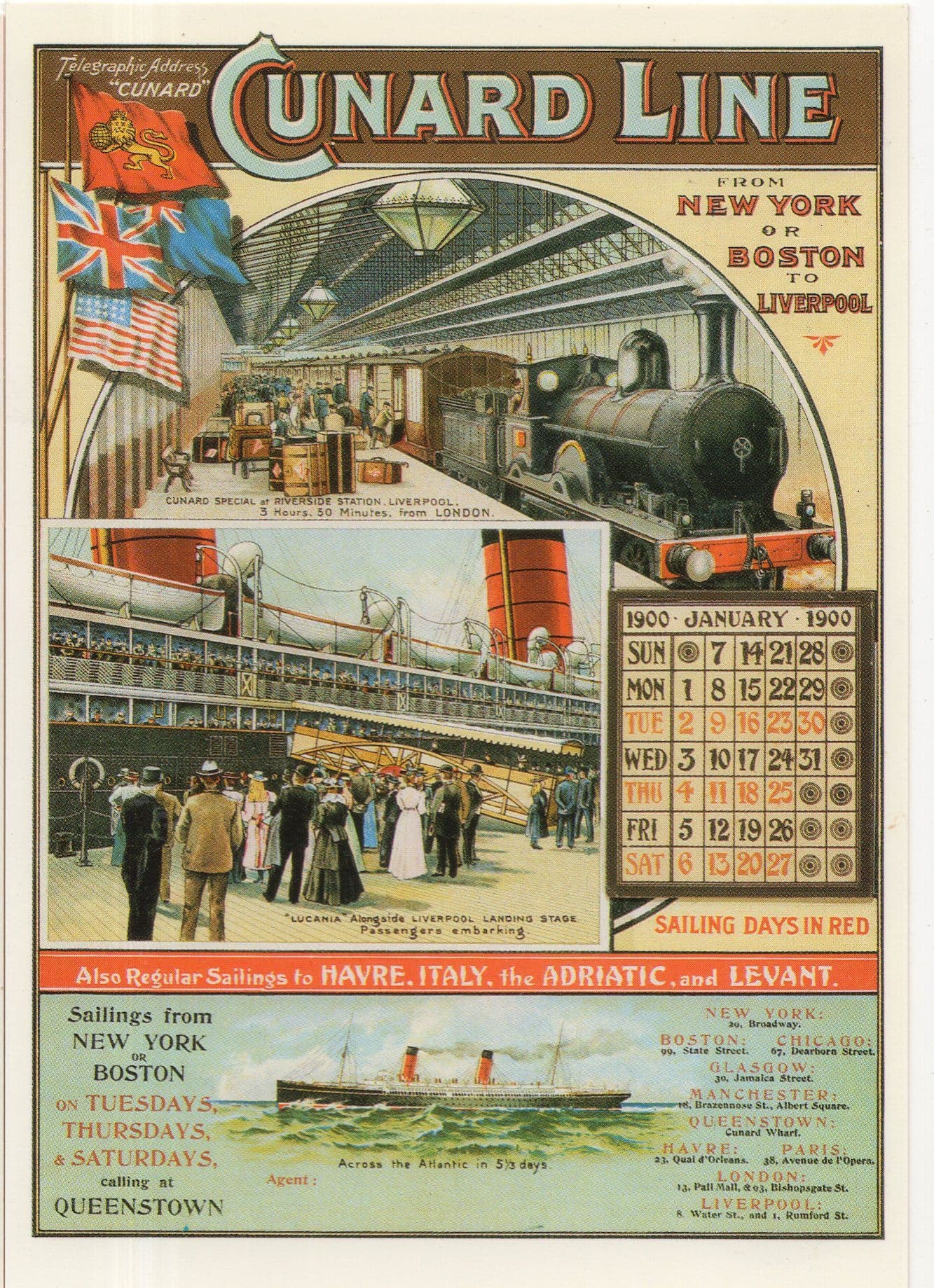 Cunard Line New York To Boston & Liverpool Poster Postcard