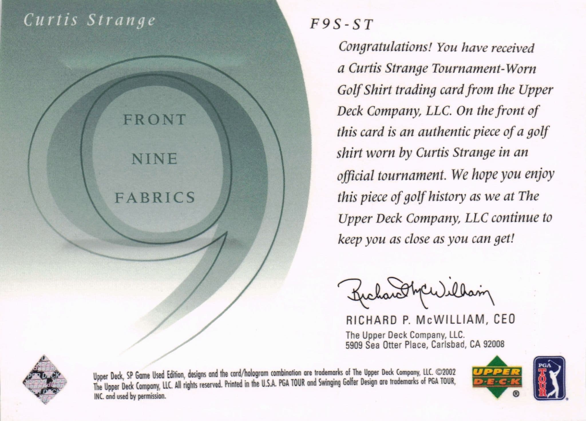 Curtis Strange Front 9 Fabric 2002 Upper Deck Authentic Shirt Card