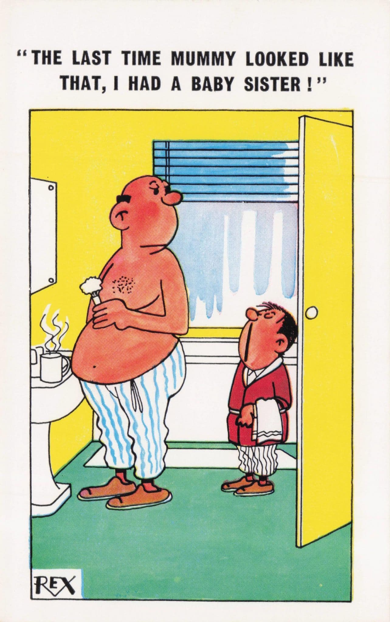 Dad Is Pregnant Shaving In Bathroom Shocked Son Vintage Comic Postcard