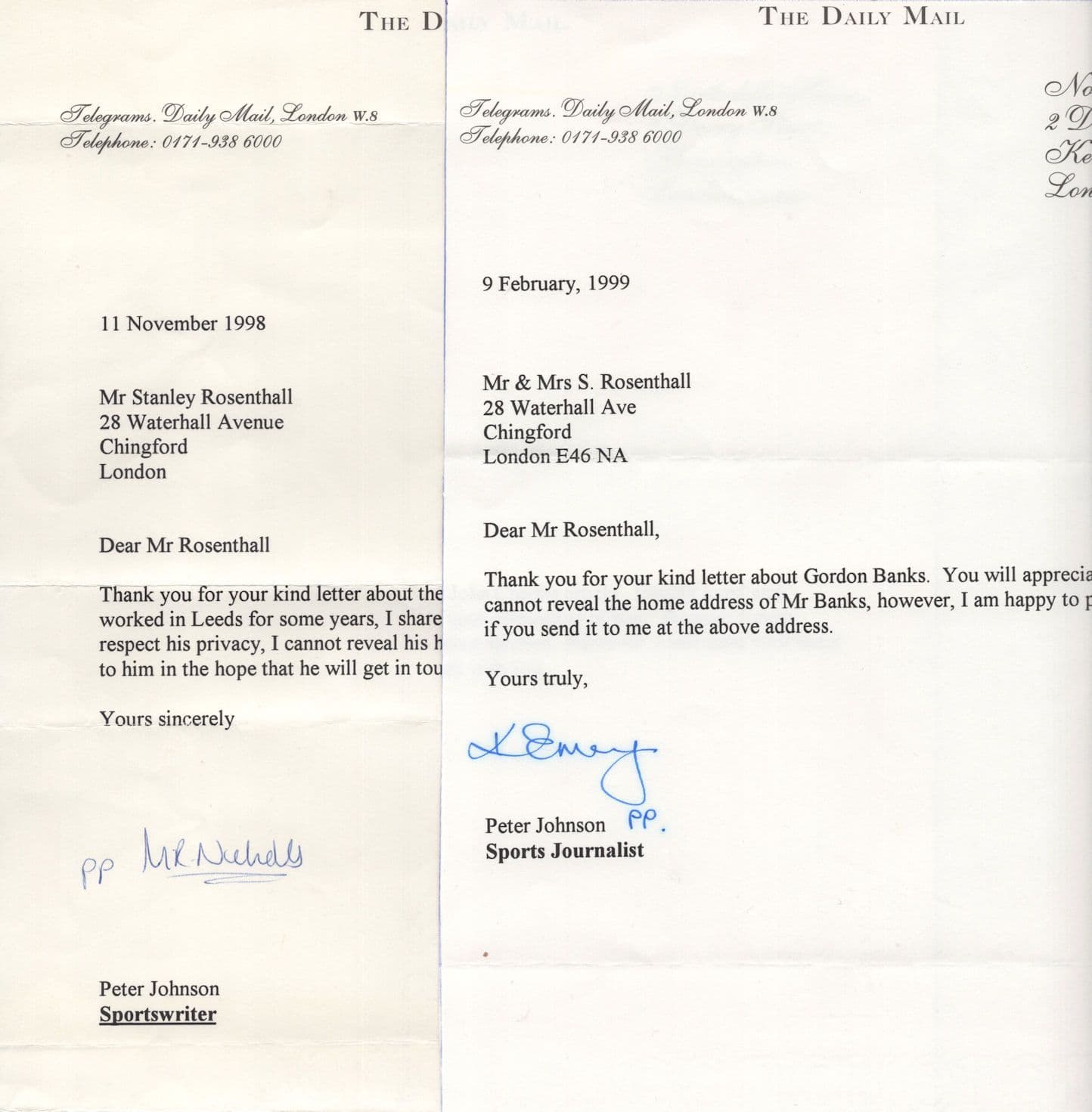 Daily Mail 2x Failed Gordon Banks 1990s Hand Signed Letter s