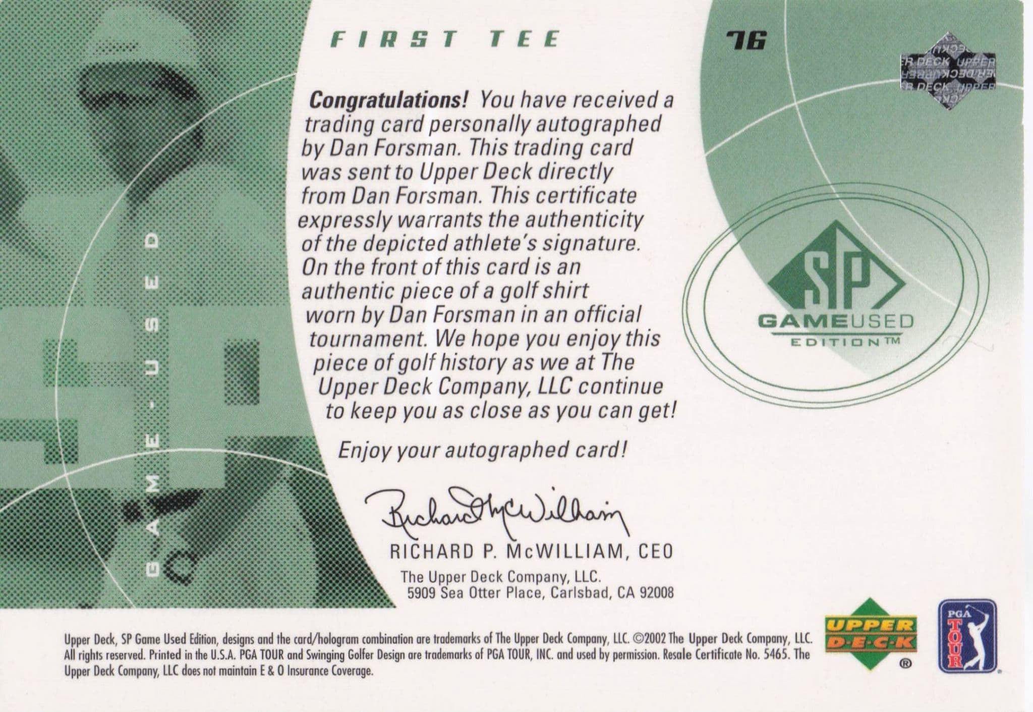 Dan Forsman First Tee 2002 Golf Upper Deck Hand Signed Worn Shirt Card