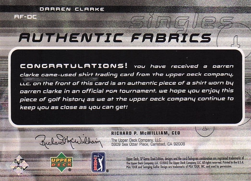 Darren Clarke Authentic Fabrics Singles 2003 Golf Upper Deck Worn Shirt Card
