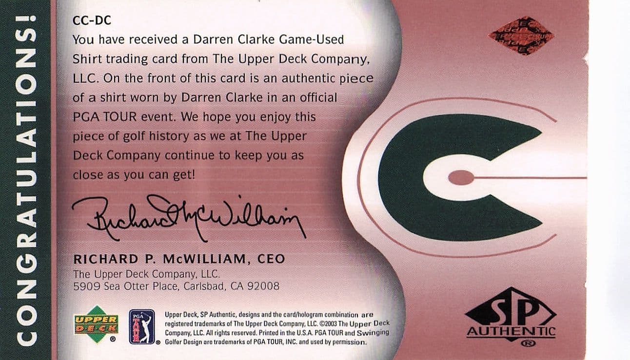 Darren Clarke Course Classics 2003 Authentic Worn PGA Tour Golf Shirt Card