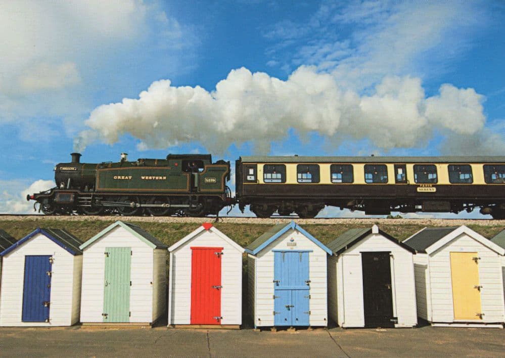 Dartmouth Train Flying Over Beach Huts Boat Advertising Postcard